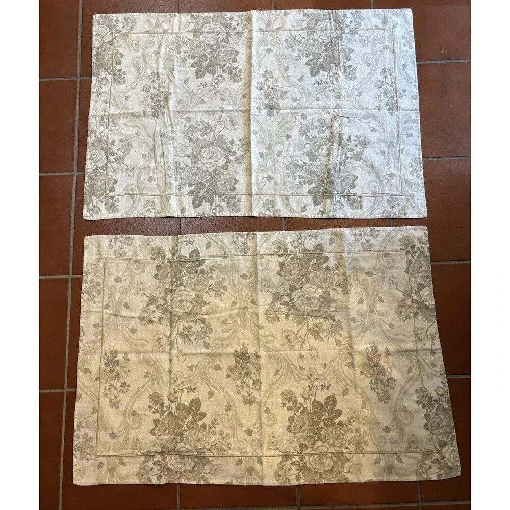 2 Chambers Williams Sonoma Pillow Shams King Cotton Linen Tan Gray Floral